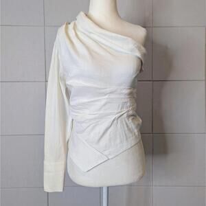 Zara linen blend one shoulder asymmetrical draped blouse